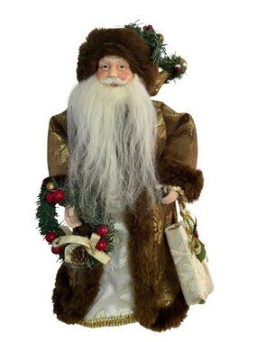 Vintage 16 Inch Santa Christmas Tree Topper Brown Gold Brocade Wreath Gift Bag